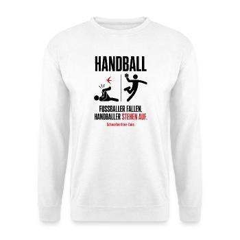 Fußballer fallen, Handballer stehen auf – Shirt - Unisex Pullover - Weiß - Vorne - Alina (178cm) & Michal (187cm)