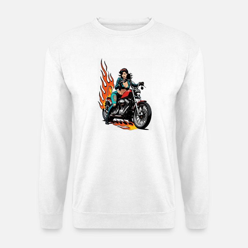 Weibliche Biker mit Flammen - Unisex Pullover - Weiß