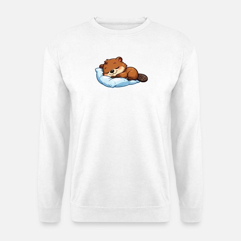 Nukkuva majava sinisellä tyynyllä - Unisex svetaripaita - valkoinen