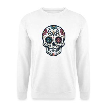 Bunte Zuckerschädel-Illustration mit floralem Dekor - Unisex Pullover - Weiß - Vorne - Alina (178cm) & Michal (187cm)
