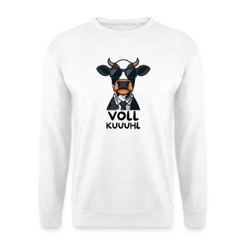 Voll Kuuuhl – Coole Kuh im Anzug mit Sonnenbrille - Unisex Pullover - Weiß - Vorne - Alina (178cm) & Michal (187cm)