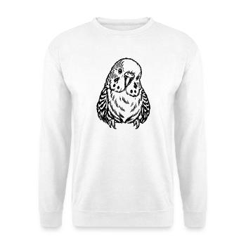 Wellensittich – Schwarz Weiß Vogelporträt - Unisex Pullover - Weiß - Vorne - Alina (178cm) & Michal (187cm)