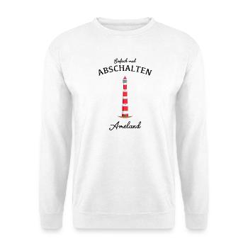 Ameland Leuchtturm Bornrif, Einfach mal abschalten - Unisex Pullover - Weiß - Vorne - Alina (178cm) & Michal (187cm)