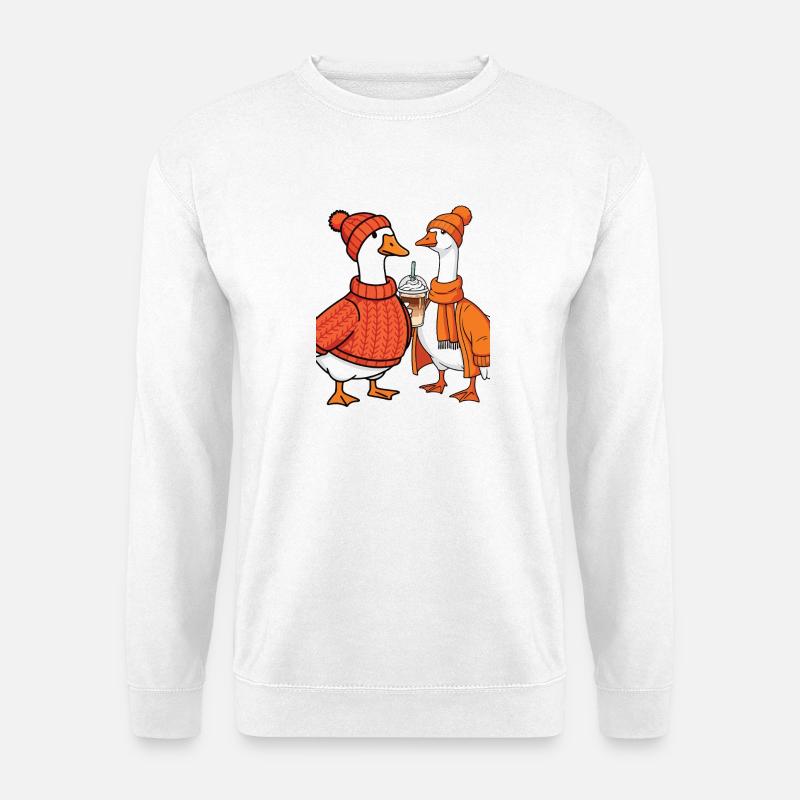 Gemütliche Herbstgänse mit Kaffee – süße Herbsttiere - Unisex Pullover - Weiß