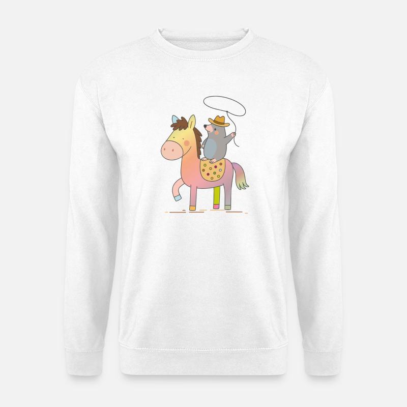 Fröhlicher Maulwurf reitet auf buntem Pferd - Unisex Pullover - Weiß