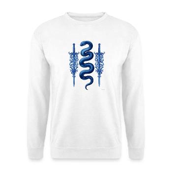 Design von blauen Schlangen-Dekorationsschwertern. - Unisex Pullover - Weiß - Vorne - Alina (178cm) & Michal (187cm)