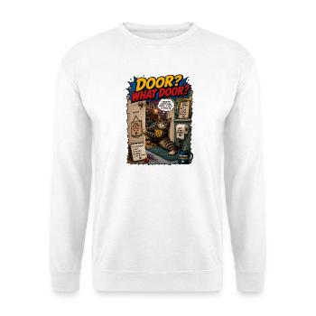 Tür? Welche Tür? Lustige Katzengrafik - Unisex Pullover - Weiß - Vorne - Alina (178cm) & Michal (187cm)