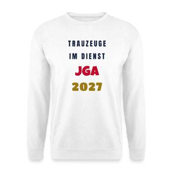 Trauzeuge im Dienst JGA 2027 Junggesellenabschied - Unisex Pullover - Weiß - Vorne - Alina (178cm) & Michal (187cm)