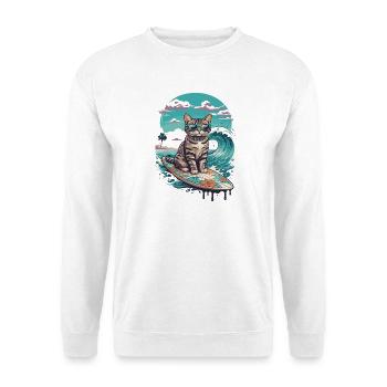 Surfer-Katze in tropischer Welle - Unisex Pullover - Weiß - Vorne - Alina (178cm) & Michal (187cm)