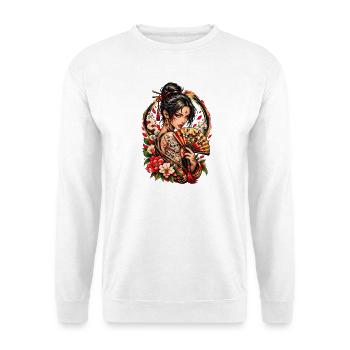 Japanische Kriegerin – Hannya & Fächer - Unisex Pullover - Weiß - Vorne - Alina (178cm) & Michal (187cm)