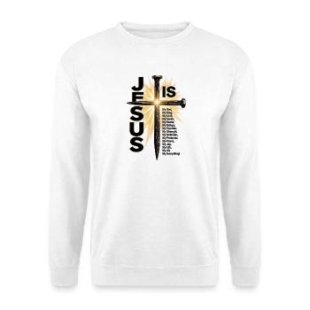 Jesus ist mein Alles – Christliches Kreuz - Unisex Pullover - Weiß - Vorne - Alina (178cm) & Michal (187cm)