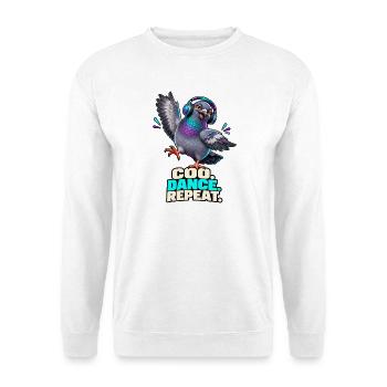 Party Pigeon – Coo. Dance. Repeat. - Unisex Pullover - Weiß - Vorne - Alina (178cm) & Michal (187cm)