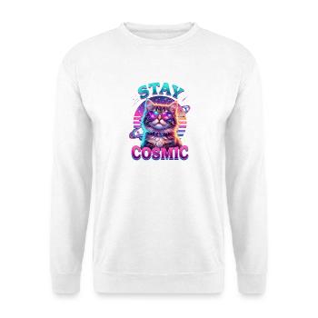Bleib kosmisch lustig Retro Synthwave Galaxy Katze - Unisex Pullover - Weiß - Vorne - Alina (178cm) & Michal (187cm)