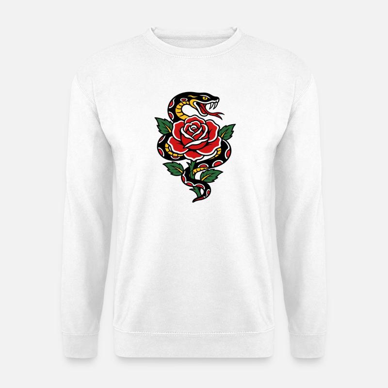 Schlangen- und rote Rosen-Tattoo-Stil - Unisex Pullover - Weiß