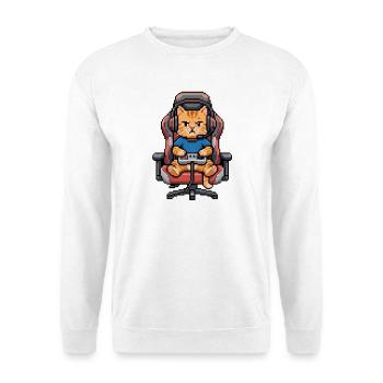 Pixel Art Cat Gamer Stuhl Headset Controller - Unisex Pullover - Weiß - Vorne - Alina (178cm) & Michal (187cm)