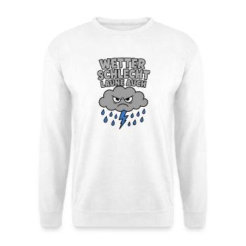 Wetter schlecht Laune auch – Mürrische Wolke Shirt - Unisex Pullover - Weiß - Vorne - Alina (178cm) & Michal (187cm)