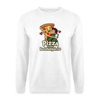 Pizza statt Beziehungskrise – Lustiger Comic - Unisex Pullover - Weiß - Vorne - Alina (178cm) & Michal (187cm)