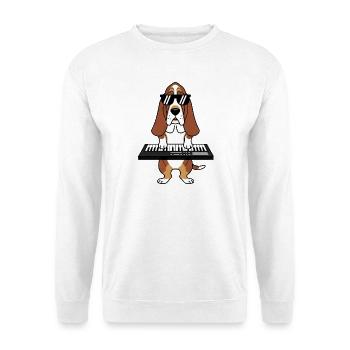 Basset Hund Dackel Musiker am Keyboard Cartoon - Unisex Pullover - Weiß - Vorne - Alina (178cm) & Michal (187cm)