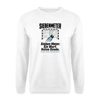 Siebenmeter Shirt – Ein Wurf. Keine Gnade. - Unisex Pullover - Weiß - Vorne - Alina (178cm) & Michal (187cm)