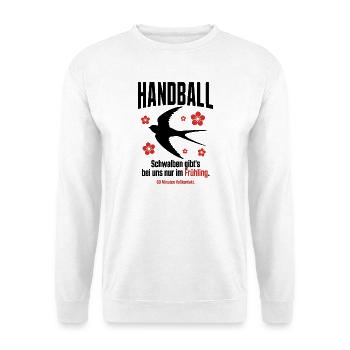 Handball Spruch – Schwalben nur im Frühling - Unisex Pullover - Weiß - Vorne - Alina (178cm) & Michal (187cm)