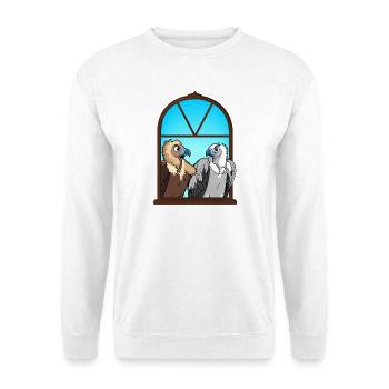 Urbane Aasgeier, das Fensterduo Vögel Portrait - Unisex Pullover - Weiß - Vorne - Alina (178cm) & Michal (187cm)