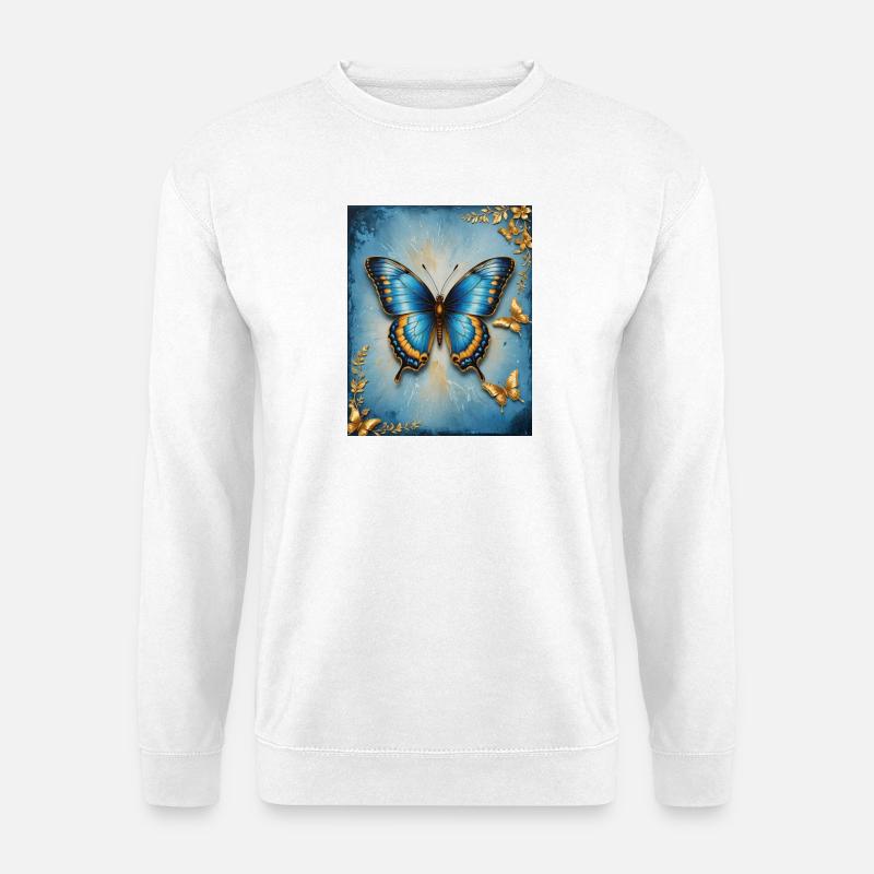 Azurblauer Schmetterling mit Goldakzenten - Unisex Pullover - Weiß