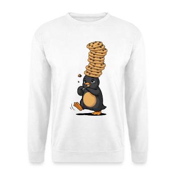 Pinguin Mit Riesigem Pfannkuchenstapel - Unisex Pullover - Weiß - Vorne - Alina (178cm) & Michal (187cm)
