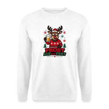 Prost auf das Fest – Rentier Bier Ugly Sweater - Unisex Pullover - Weiß - Vorne - Alina (178cm) & Michal (187cm)