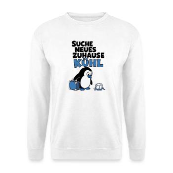 Suche neues Zuhause kühl – Witziges Pinguin Shirt - Unisex Pullover - Weiß - Vorne - Alina (178cm) & Michal (187cm)
