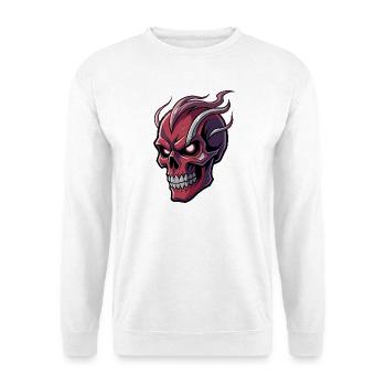 Dämonischer Schädel mit leuchtenden Augen und feurigem Haar - Unisex Pullover - Weiß - Vorne - Alina (178cm) & Michal (187cm)
