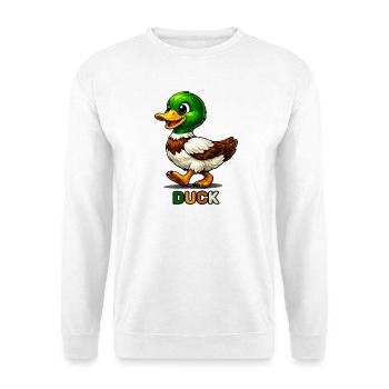 Skurriler Cartoon-Entenspaziergang - Unisex Pullover - Weiß - Vorne - Alina (178cm) & Michal (187cm)