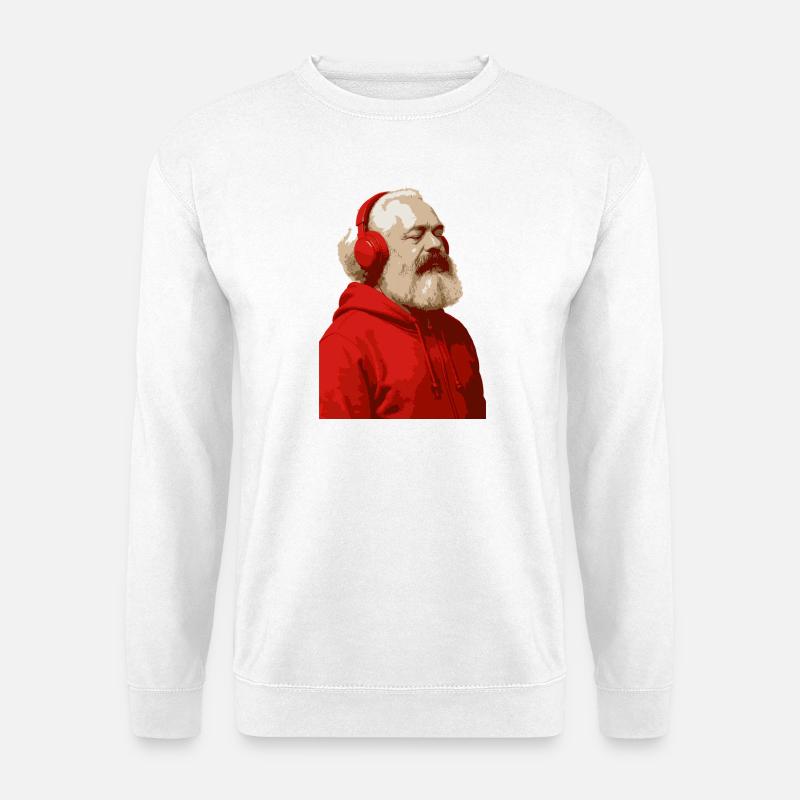 Karl Marx im roten Kapuzenpulli und Kopfhörer hören m - Unisex Pullover - Weiß