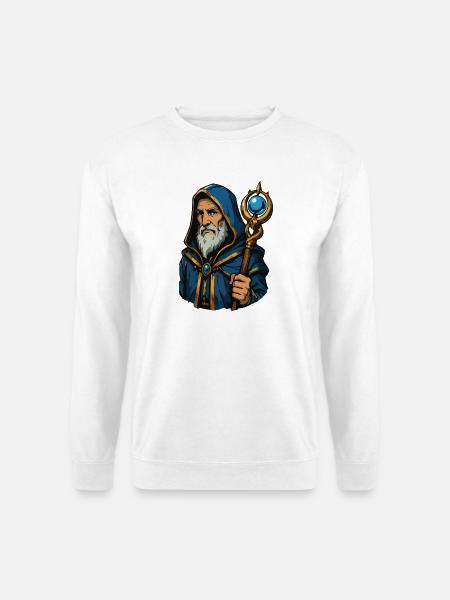 Runenmagier mit Stab und Kapuze - Unisex Pullover - Weiß