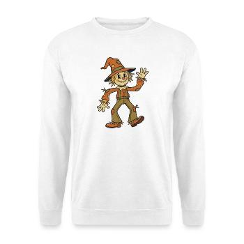 Freundliche Vogelscheuche, die mit einem Lächeln zum Gruß winkt - Unisex Pullover - Weiß - Vorne - Alina (178cm) & Michal (187cm)