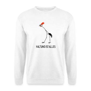 Haltung ist alles – Lustiger Hahn - Unisex Pullover - Weiß - Vorne - Alina (178cm) & Michal (187cm)