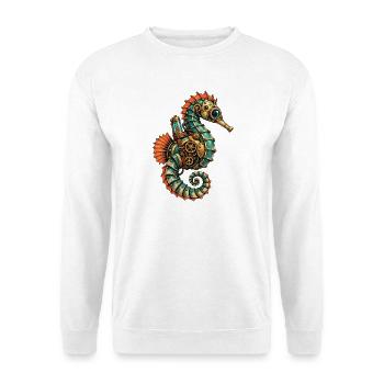 Steampunk Seepferdchen Motiv - Unisex Pullover - Weiß - Vorne - Alina (178cm) & Michal (187cm)