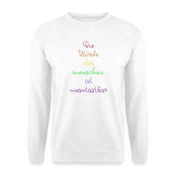 DIE WÜRDE DES MENSCHEN IST UNANTASTBAR REGENBOGEN - Unisex Pullover - Weiß - Vorne - Alina (178cm) & Michal (187cm)