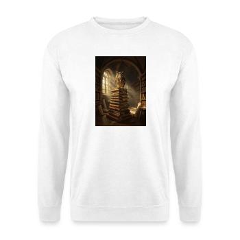 Eule oben auf dem Stapel der antiken Bibliothek - Unisex Pullover - Weiß - Vorne - Alina (178cm) & Michal (187cm)