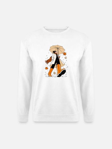 Frau im Regen mit Regenschirm – Herbst Spaziergang - Unisex Pullover - Weiß