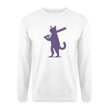 Minimalistische Katzen-Baseballspieler Silhouette - Unisex Pullover - Weiß - Vorne - Alina (178cm) & Michal (187cm)