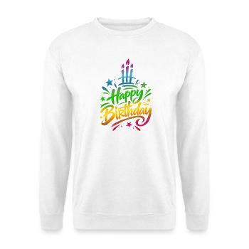 Zum Geburtstag viel Glückwunsch – bunter Farbverlauf - Unisex Pullover - Weiß - Vorne - Alina (178cm) & Michal (187cm)