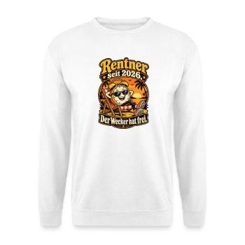 Rentner seit 2026 – Wecker hat frei Ruhestand - Unisex Pullover - Weiß - Vorne - Alina (178cm) & Michal (187cm)