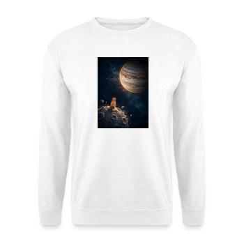 Golden Retriever schaut auf Riesenplaneten - Unisex Pullover - Weiß - Vorne - Alina (178cm) & Michal (187cm)