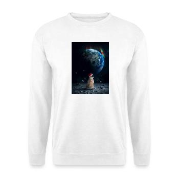 Weihnachts-Frenchie blickt auf die Erde - Unisex Pullover - Weiß - Vorne - Alina (178cm) & Michal (187cm)