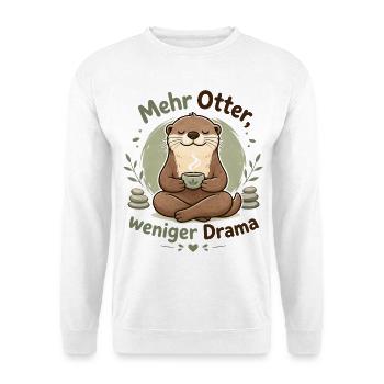 Mehr Otter weniger Drama – Yoga Otter mit Tee - Unisex Pullover - Weiß - Vorne - Alina (178cm) & Michal (187cm)