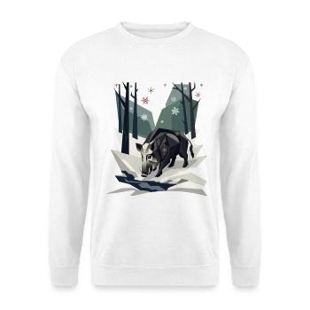 Wildschwein im Low-Poly-Winterwald - Unisex Pullover - Weiß - Vorne - Alina (178cm) & Michal (187cm)