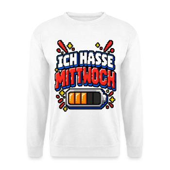 Ich hasse Mittwoch – Pixel Büro Spruch - Unisex Pullover - Weiß - Vorne - Alina (178cm) & Michal (187cm)