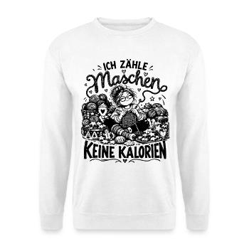 Lustiger Stricken Spruch Ich zähle Maschen... - Unisex Pullover - Weiß - Vorne - Alina (178cm) & Michal (187cm)