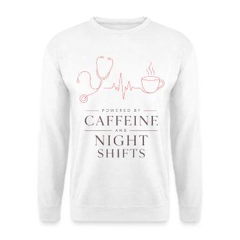 Nachtschichten Kaffee Motiv - Unisex Pullover - Weiß - Vorne - Alina (178cm) & Michal (187cm)