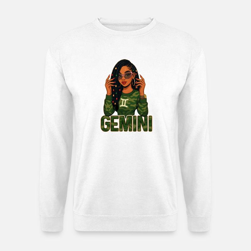 Zwillinge Königin – Loc-Afro-Mädchen Lebendiger Geist - Unisex Pullover - Weiß